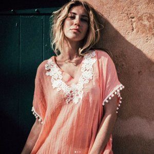 LES CANEBIERS🌺Light Coral & White Pom-Pom Sheer Cover Up